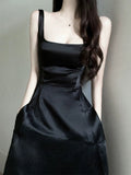 Tineit Elegant A Line Square Neckline Black Satin Prom Dress Birthday Outfits With Pockets (PRE-ORDER)