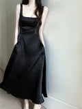 Tineit Elegant A Line Square Neckline Black Satin Prom Dress Birthday Outfits With Pockets (PRE-ORDER)