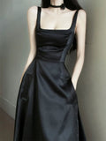 Tineit Elegant A Line Square Neckline Black Satin Prom Dress Birthday Outfits With Pockets (PRE-ORDER)