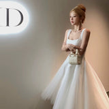 Tineit Vintage A Line Straps Tulle White Sleeveless Prom Dresses Birthday Party Dress (PRE-ORDER)