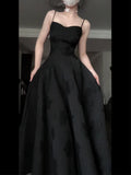 Tineit Vintage A Line Spaghetti Straps Satin Black Sleeveless Prom Dresses Birthday Party Dress (PRE-ORDER)