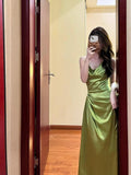 Tineit Pretty Sheath Spaghetti Straps Green Satin Long Evening Dress Prom Dresses With Ruffles (PRE-ORDER)