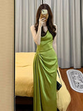 Tineit Pretty Sheath Spaghetti Straps Green Satin Long Evening Dress Prom Dresses With Ruffles (PRE-ORDER)