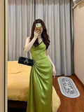 Tineit Pretty Sheath Spaghetti Straps Green Satin Long Evening Dress Prom Dresses With Ruffles (PRE-ORDER)