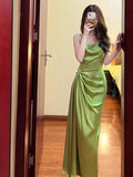 Tineit Pretty Sheath Spaghetti Straps Green Satin Long Evening Dress Prom Dresses With Ruffles (PRE-ORDER)