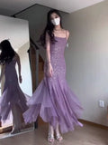 Tineit Pretty Mermaid Spaghetti Straps Chiffon Evening Dress Prom Dresses With Beads (PRE-ORDER)