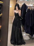 Tineit Vintage A Line Spaghetti Straps Black Chiffon Long Evening Dress Prom Dresses (PRE-ORDER)