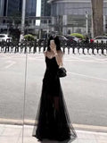 Tineit Vintage A Line Spaghetti Straps Black Chiffon Long Evening Dress Prom Dresses (PRE-ORDER)