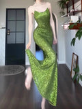 Tineit Vintage Sheath Spaghetti Straps Green Sequin Long Evening Dress Prom Dresses (PRE-ORDER)