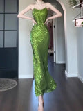 Tineit Vintage Sheath Spaghetti Straps Green Sequin Long Evening Dress Prom Dresses (PRE-ORDER)