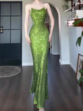 Tineit Vintage Sheath Spaghetti Straps Green Sequin Long Evening Dress Prom Dresses (PRE-ORDER)