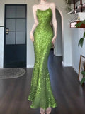 Tineit Vintage Sheath Spaghetti Straps Green Sequin Long Evening Dress Prom Dresses (PRE-ORDER)