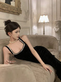 Tineit Vintage Sheath Straps Black Velvet Long Evening Dress Prom Dresses (PRE-ORDER)