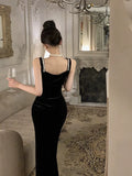 Tineit Vintage Sheath Straps Black Velvet Long Evening Dress Prom Dresses (PRE-ORDER)