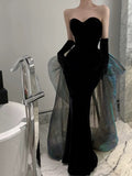 Tineit Modest Mermaid Strapless Black Sleeveless Prom Dress Formal Evening Dresses With Gloves (PRE-ORDER)