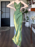 Tineit Vintage Sheath Spaghetti Straps Green Chiffon Long Evening Dress Prom Dresses (PRE-ORDER)