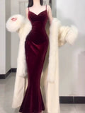 Tineit Sexy Mermaid Straps Burgundy Long Evening Dress Prom Dresses Birthday Outfits (PRE-ORDER)