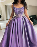 Tineit Pretty Ball Gown Straps Neckline Lilac Satin Evening Dress Prom Dresses With Beads (PRE-ORDER)