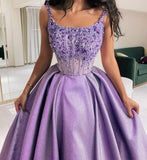 Tineit Pretty Ball Gown Straps Neckline Lilac Satin Evening Dress Prom Dresses With Beads (PRE-ORDER)