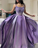 Tineit Pretty Ball Gown Straps Neckline Lilac Satin Evening Dress Prom Dresses With Beads (PRE-ORDER)