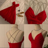 Tineit Vintage A Line Straps Red Satin Beading Evening Dress Prom Dresses (PRE-ORDER)