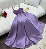 Tineit Pretty A Line Spaghetti Straps Lilac Satin Evening Dress Prom Dresses With Beads (PRE-ORDER)