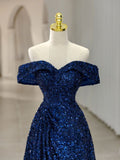 Tineit Vintage A line Off The Shoulder Royal Blue Sequin Long Evening Dress Prom Dresses (PRE-ORDER)