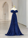 Tineit Vintage A line Off The Shoulder Royal Blue Sequin Long Evening Dress Prom Dresses (PRE-ORDER)