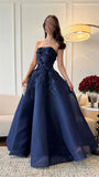 Tineit Vintage Ball Gown Strapless Navy Blue Satin Lace Long Evening Dress Prom Dresses (PRE-ORDER)