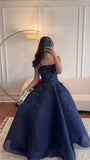 Tineit Vintage Ball Gown Strapless Navy Blue Satin Lace Long Evening Dress Prom Dresses (PRE-ORDER)