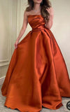 Tineit Pretty A Line Strapless Burnt Orange Satin Evening Dress Prom Dresses With Ruffles (PRE-ORDER)