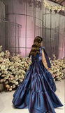 Tineit Pretty A Line Straps Navy Blue Long Satin Evening Dress Prom Dresses With Ruffles (PRE-ORDER)