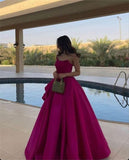 Tineit Pretty A Line Strapless Hot Pink Long Satin Evening Dress Prom Dresses With Ruffles (PRE-ORDER)