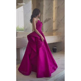 Tineit Pretty A Line Strapless Hot Pink Long Satin Evening Dress Prom Dresses With Ruffles (PRE-ORDER)