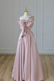 Tineit Pretty A line One Shoulder Pink Satin Evening Dress Prom Dresses With Bow (PRE-ORDER)