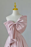 Tineit Pretty A line One Shoulder Pink Satin Evening Dress Prom Dresses With Bow (PRE-ORDER)