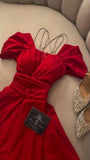 Tineit Vintage A Line Spaghetti Straps Red Satin Beading Evening Dress Prom Dresses (PRE-ORDER)