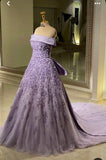 Tineit Pretty Ball Gown Strapless Lilac Tulle Long Evening Dress Prom Dresses With Flowers (PRE-ORDER)