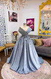 Tineit Pretty Ball Gown V Neckline Light Sky Blue Satin Long Evening Dress Prom Dresses With Flowers (PRE-ORDER)