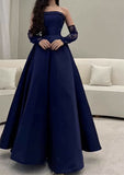 Tineit Pretty A line Strapless Navy Blue Long Prom Dress Evening Dress With Gloves (PRE-ORDER)