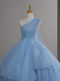 Tineit Pretty Ball Gown One Shoulder Tulle Blue Long Prom Dress, Blue Long Evening Dress (PRE-ORDER)