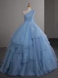 Tineit Pretty Ball Gown One Shoulder Tulle Blue Long Prom Dress, Blue Long Evening Dress (PRE-ORDER)