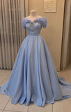 Tineit Pretty Ball Gown Off The Shoulder Blue Long Prom Dress Evening Dress With Beads (PRE-ORDER)