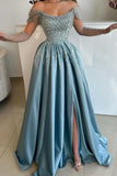 Tineit Pretty A Line Off The Shoulder Blue Slit Beads Long Prom Dress Evening Dresses (PRE-ORDER)