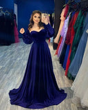 Tineit Simple A line Long Sleeves Royal Blue Velvet Prom Dress Long Evening Dress (PRE-ORDER)