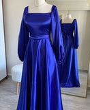 Tineit Simple A line Long Sleeves Royal Blue Satin Prom Dress Long Evening Dress (PRE-ORDER)