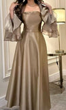 Tineit Sexy A line Square Neckline Long Sleeves Chiffon Champagne Prom Dress Long Evening Dress (PRE-ORDER)