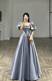 Tineit Sexy A line Square Neckline Short Sleeves Silver Satin Prom Dresses Party Evening Dress (PRE-ORDER)