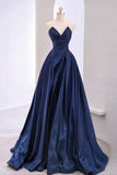 Tineit Pretty A Line Sweetheart Navy Blue Satin Long Prom Dress Evening Dresses (PRE-ORDER)