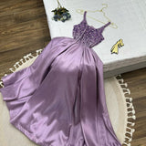 Tineit Pretty A Line Spaghetti Straps Lilac Satin Long Prom Dress Evening Dresses (PRE-ORDER)